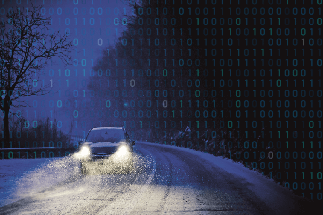Car driving on black ice with data background