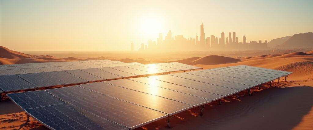 Solar Panel Farm in Desert Landscape Powering a Sustainable Modern City Skyline at Sunset